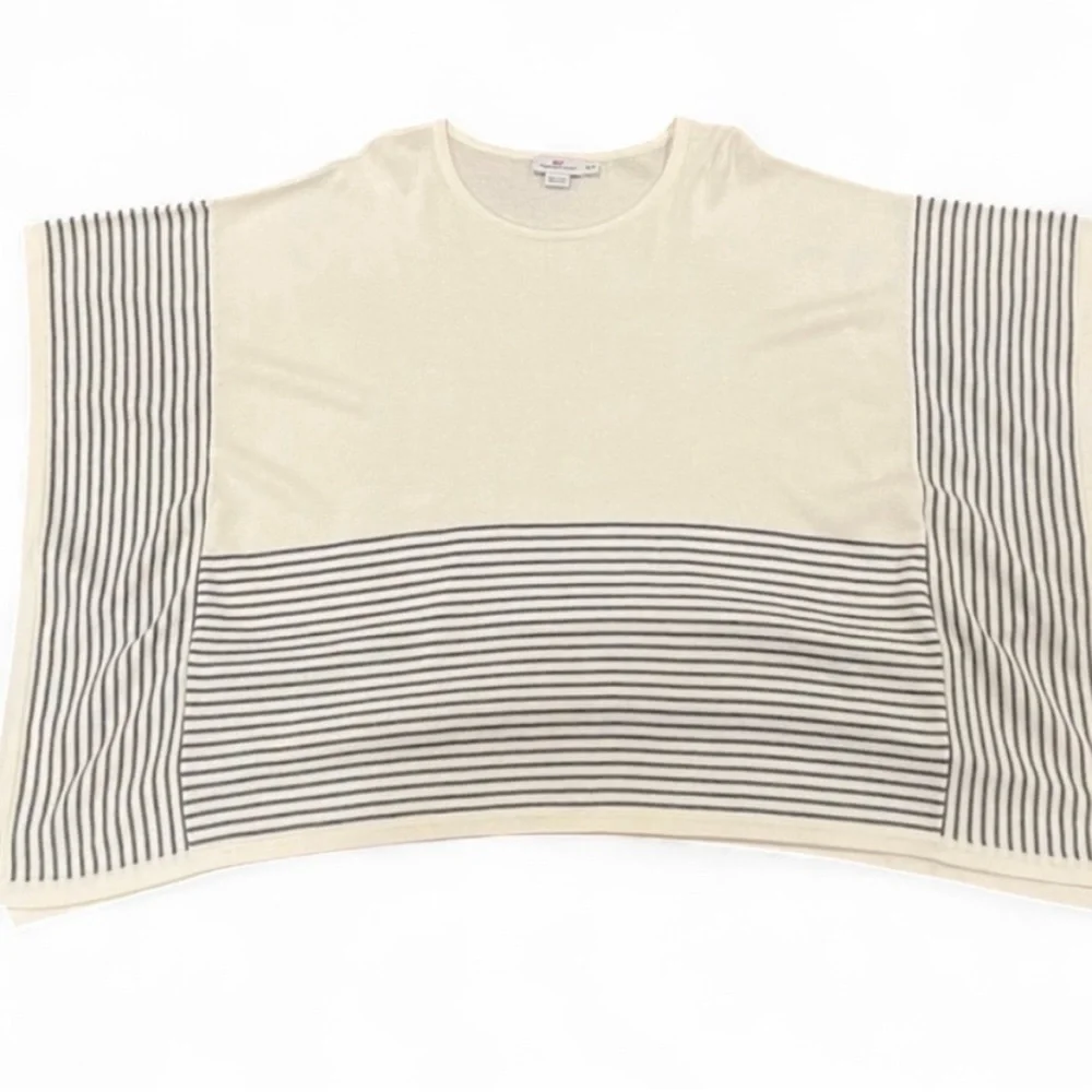 Vineyard Vines 100% Extrafine Merino Wool Cream and Navy Striped Fringe Poncho